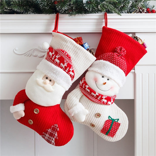 Large Red White Knitted Christmas Stocking Santa Claus Socks Fireplace Decor Xmas Gift Bags Candy Holder Decor For Home